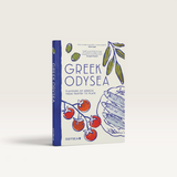House of Holabox Greek Odysea cookbook featuring illustrated tomatoes, olives, and fish on a white background.