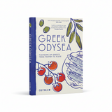 House of Holabox Greek Odysea cookbook featuring illustrated tomatoes, olives, and fish on a white background.