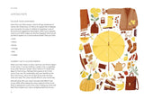 House of Holabox Happiness Year book page featuring autumn-themed illustrations of leaves, pumpkins, and cozy items.