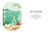 House of Holabox Happiness Year book page featuring a summer illustration of a seaside view with fruit and a book.