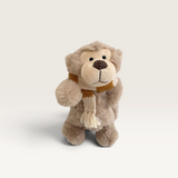 House of Holabox Hugo Monkey soft toy in caramel plush with a striped merino wool scarf, 20cm tall.