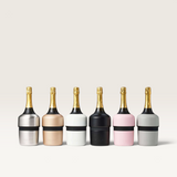 House of Holabox Huski champagne coolers in six assorted colours holding sparkling wine bottles on a neutral background.