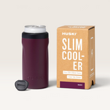 House of Holabox Huski slim can cooler in malbec red with matching packaging and detachable can tab slider.