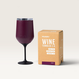 House of Holabox Huski Wine Tumbler 2.0 in Malbec with detachable stem and lid next to its product packaging box.