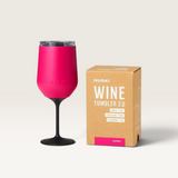House of Holabox Huski Wine Tumbler 2.0 in raspberry pink with detachable stem and lid next to its product box.