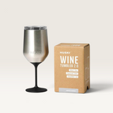 House of Holabox Huski Wine Tumbler 2.0 in brushed stainless steel with a black stem and lid next to its product box.