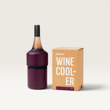 House of Holabox Huski wine cooler in malbec purple with a chilled wine bottle and its original branded packaging.