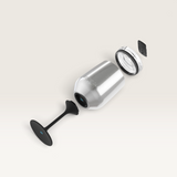 House of Holabox Huski Wine Tumbler 2.0 exploded view showing stainless steel body, stem, and lid components.