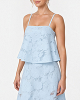 House of Holabox icy blue midi dress with sheer floral overlay, straight neckline, and adjustable singlet straps