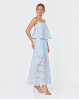 House of Holabox icy blue sheer floral tiered midi dress with straight neckline and adjustable singlet straps