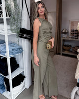 House of Holabox Imogen olive green cotton-linen pant set with a ruched sleeveless top and wide-leg trousers.