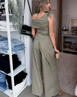 House of Holabox Imogen olive green cotton-linen pant set with drop-shoulder top and tailored pleated trousers