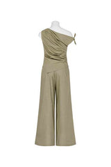 House of Holabox Imogen pant set in olive green cotton-linen blend with asymmetrical top and wide-leg trousers
