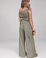 House of Holabox Imogen Pant Set in olive green cotton-linen featuring a drop-shoulder top and tailored wide-leg pants