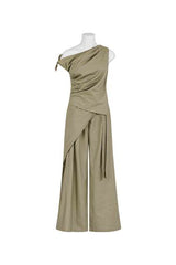 House of Holabox Imogen pant set in olive green cotton linen blend featuring a one-shoulder top and wide-leg trousers.