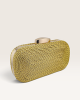 House of Holabox Izoa Helen gold clutch with an intricate rope-wrapped exterior and a polished gold clasp closure.