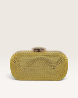 House of Holabox Izoa Helen gold rope-wrapped clutch with a structured silhouette and matching gold clasp hardware.