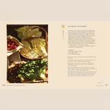 House of Holabox cookbook page showing sun-drying wombok cabbage in a bamboo basket for Japanese pickling techniques.