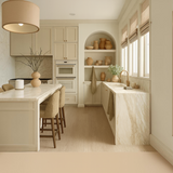 House of Holabox Mama and Tochter khaki organic cotton waffle hand towel hanging in a modern neutral kitchen