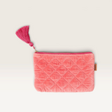 House of Holabox Kip and Co quilted melon velvet cosmetics purse with a decorative pink tassel and zip closure