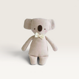 House of Holabox Alimrose linen mini koala rattle with embroidered face and ivory bow, suitable for newborns