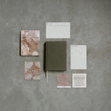 House of Holabox Jour Studio linen planner set in olive green with abstract art folder and goal setting cards