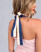 House of Holabox The Med Mini Dress featuring a back view with a navy and cream striped halter tie detail