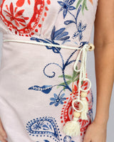 House of Holabox The Med Mini Dress in a light pink linen-cotton blend with blue and red floral paisley print