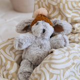 House of Holabox and the little dog laughed Mini Edith Rabbit soft toy in pepper plush with a terracotta beanie.