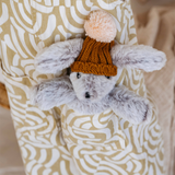 House of Holabox and the little dog laughed Mini Edith Rabbit soft toy in pepper plush wearing a terracotta beanie