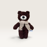 House of Holabox Murphy Bear soft toy in dark brown cotton plush with a tan knitted merino wool scarf