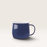 House of Holabox navy blue enamel belly mug with a white rim, 375ml rustic coffee cup