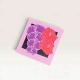 House of Holabox Salty Melon Prints square mini greeting card featuring a pink, purple, and red orchid floral design.