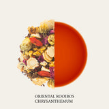 House of Holabox Oriental Rooibos Chrysanthemum tea blend with dried flowers, goji berries, and brewed amber tea liquid.