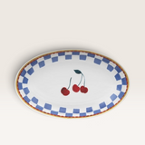 House of Holabox Ecology Valentina oval porcelain serving platter with blue checkered border and cherry motif