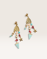 House of Holabox Pacifica statement earrings featuring gold textured plates, starfish charms, and colourful beads.
