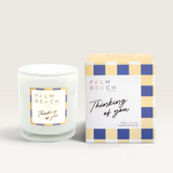 House of Holabox Palm Beach Collection Thinking of You scented soy candle with blue and yellow checkered box