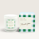 House of Holabox Palm Beach Collection Celebration scented soy candle with Thank You label and matching gift box