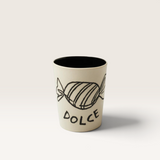 House of Holabox Pepe Dolce ceramic cup with a black lolly illustration and Dolce text on a cream background