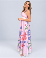House of Holabox El Tropico Casablanca maxi dress in petal pink with tropical floral print and square neckline