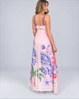 House of Holabox El Tropico Casablanca maxi dress in petal pink with tropical floral and palm print, back view