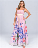 House of Holabox El Tropico Casablanca maxi dress in petal pink with tropical floral print, square neckline, and elastic waist