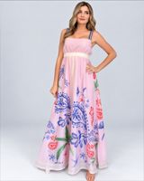House of Holabox El Tropico Casablanca maxi dress in petal pink with tropical floral print, square neckline, and elastic waist