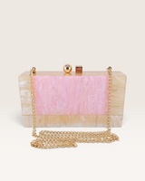 House of Holabox Izoa Brooke pink marble acrylic clutch with gold chain strap and signature dual top clasp