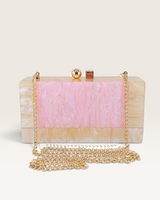 Izoa Brooke Marble Clutch in pink marble acrylic with gold hardware and detachable chain strap
