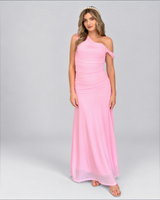 House of Holabox pink mesh maxi dress with a ruched bodice and one-shoulder neckline worn by a model