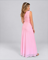 House of Holabox pink mesh maxi dress with a ruched bodice and one-shoulder neckline worn by a model
