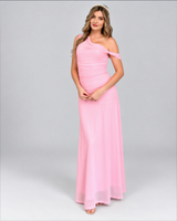House of Holabox pink mesh maxi dress with a ruched bodice and one-shoulder neckline worn by a model