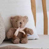 House of Holabox And the Little Dog Laughed Mini Prudence Bear in caramel plush with a blush pink merino wool scarf