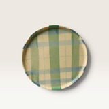 House of Holabox Robert Gordon stoneware cake plate featuring a festive cinnamon, green, and cream check pattern.